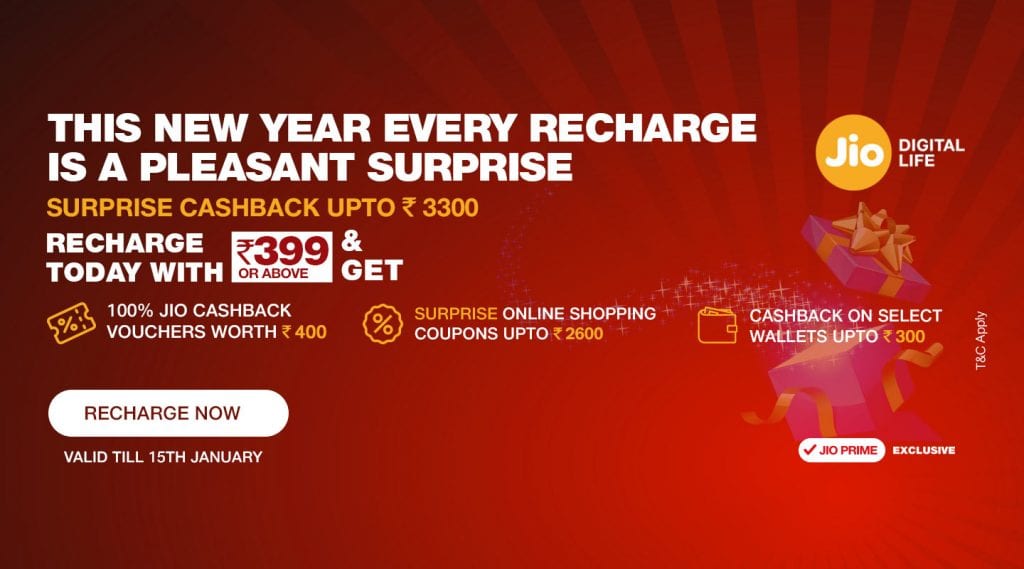 Jio New Year Cashback: Get Upto Rs.3300 Cashback On Recharge Of Rs.399 ...